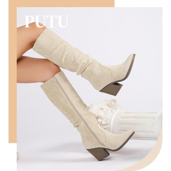 Women Knee High Faux Beige Suede Boot Stacked Chunky Heel Side Zipper Tall Boots - Picture 3 of 7